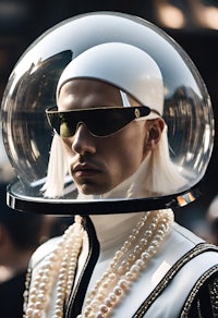 a man wearing a helmet with pearls and sunglasses