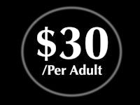 a black circle with the words $ 30 per adult