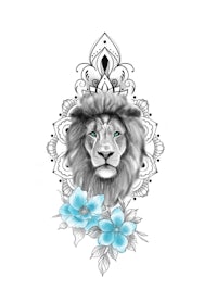 a tattoo of a lion with blue flowers