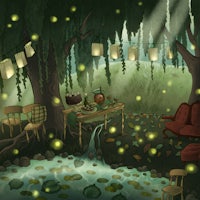 an illustration of a forest with fireflies hanging from the trees
