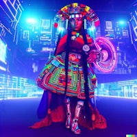 a woman in a colorful costume standing in front of a neon light