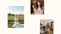 a collage of photos of a bride in a wedding dress