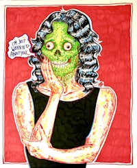 a drawing of a woman with a green face