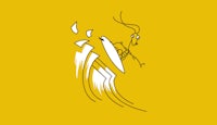 a cartoon of a man riding a surfboard on a yellow background