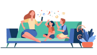 a woman and her children sitting on a couch