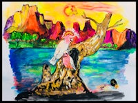 a painting of a bird sitting on a tree stump