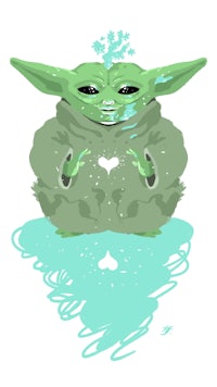 a baby yoda is sitting in a pool of water