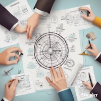 a group of people working around a diagram