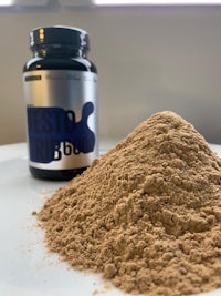 a pile of powder next to a jar of protein powder