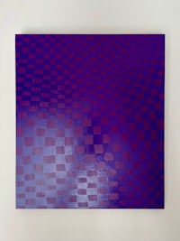 a painting with purple and blue squares on a white background