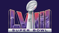 the super bowl logo is shown on a purple background