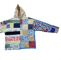 a colorful patchwork jacket with a hood