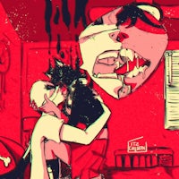 a drawing of a man kissing a woman in a red room