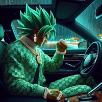 a man sitting in a car with green hair