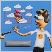 a man is holding a gun and an ice cream cone