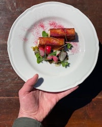 a person holding a plate with a beetroot and radishes on it