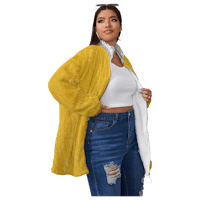 a woman wearing ripped jeans and a yellow cardigan