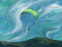 a painting of a person flying a paraglider