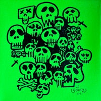 a drawing of skulls on a green background