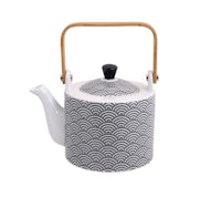 a black and white teapot with a wooden handle