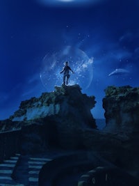 a man standing on a rock with a moon in the background