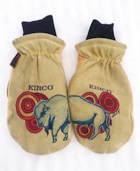 a pair of mittens with a buffalo on them