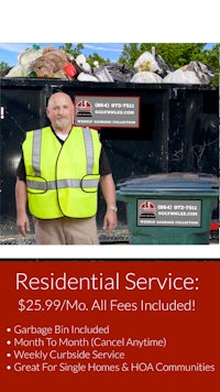 a flyer for residential service with a man in front of a dumpster