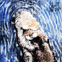 a painting of a sea otter hugging another sea otter