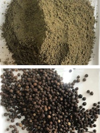 two pictures of black pepper powder on a white plate