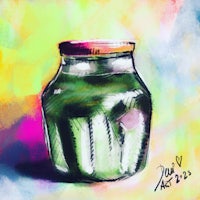 a watercolor painting of a jar of pickles