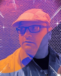 a man wearing glasses and a hat in front of a colorful background
