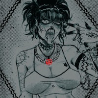 a drawing of a woman with tattoos and a red light
