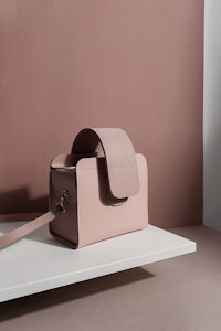 a small pink leather bag sitting on a shelf
