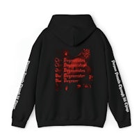 a black hoodie with red writing on it