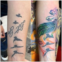 two pictures of tattoos with birds and feathers