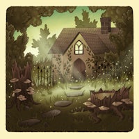 a cartoon illustration of a house in the woods