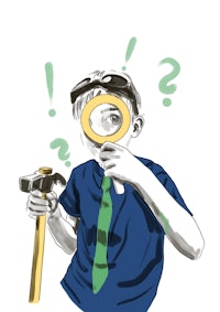 an illustration of a man with a magnifying glass and a hammer