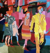 a painting of people walking down the street