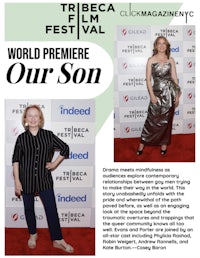 two women on a red carpet at the world premiere of our son