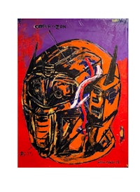 a painting of a transformers helmet on a red and orange background