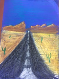 a drawing of a desert road with cactus in the background