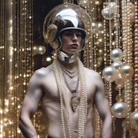 a man with a helmet and pearls posing in front of a backdrop