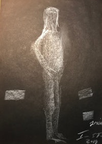 a drawing of a person standing in front of a wall