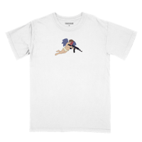 a white t - shirt with an image of a man and a woman