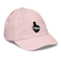 a pink hat with a black logo on it