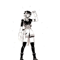 a black and white drawing of a girl in a skirt