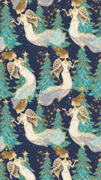 a blue and gold pattern with angels flying in the sky