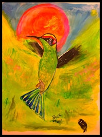 a painting of a hummingbird flying in the sky