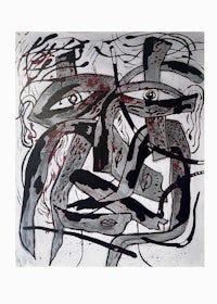 a black and white painting of an abstract face