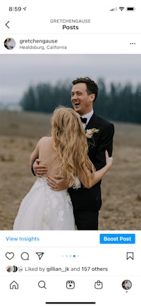 a bride and groom hugging on instagram
